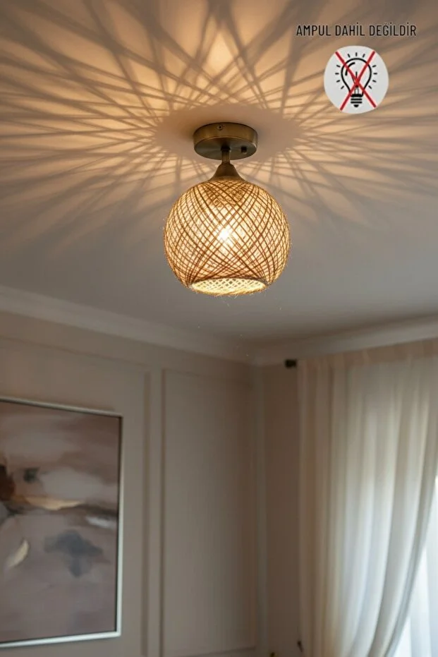 Bohem Recycle İplik Jüt El Yapımı Bej Piramit Plafonyer Başlık Tekli Modern Aydınlatma